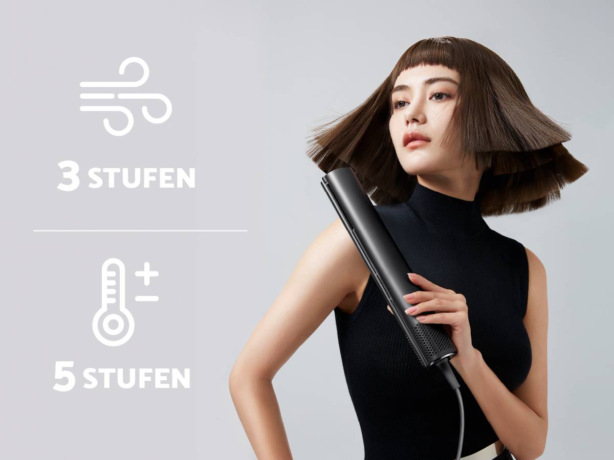 Frau stylt ihr Haar mit einem Glätteisen. Links Symbole zeigen '3 Stufen' für Geschwindigkeit und '5 Stufen' für Temperatur.
