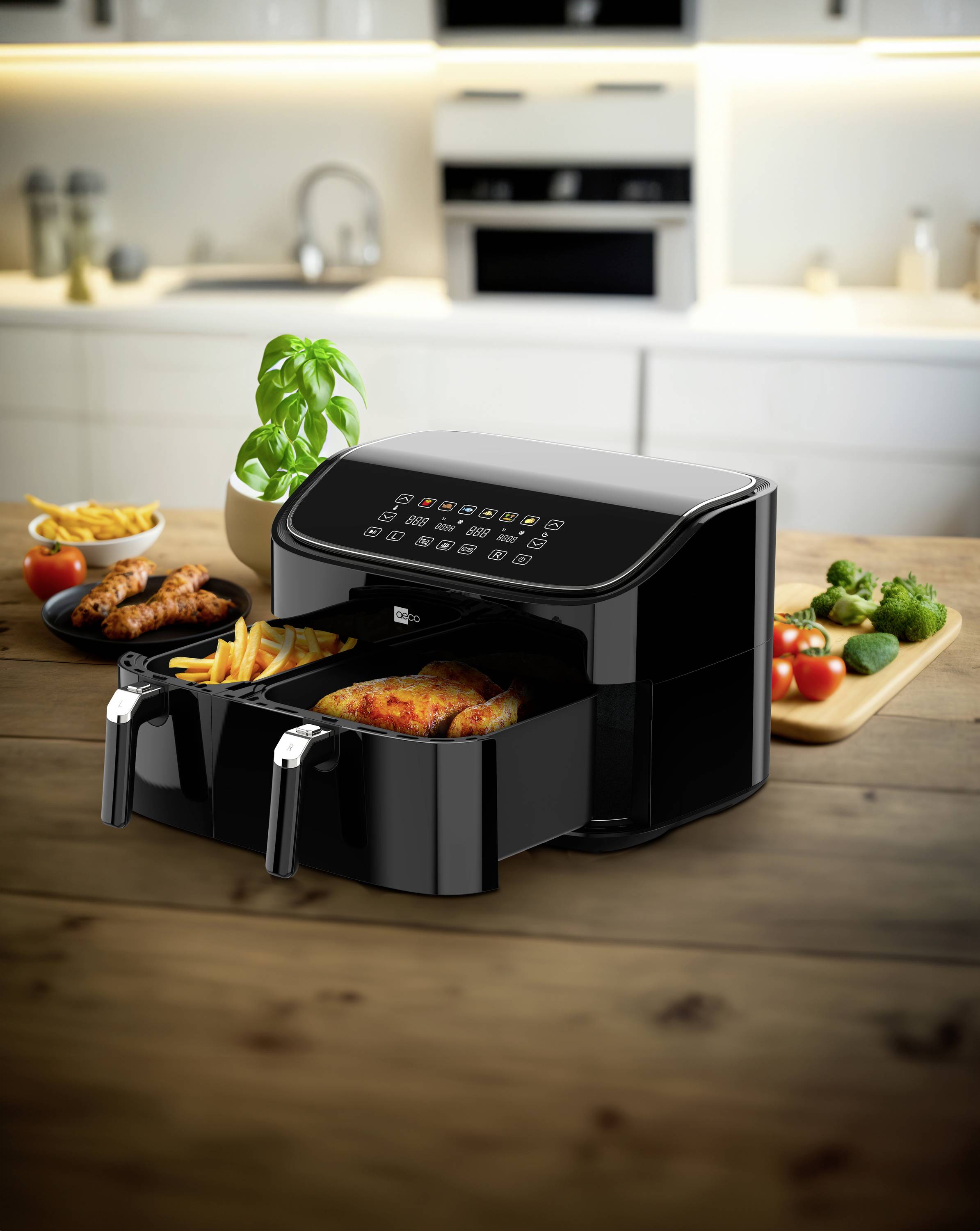 Aeco DUO Heißluft-Fritteuse 9l 2850W Timerfunktion, Antihaftbeschichtung Schwarz