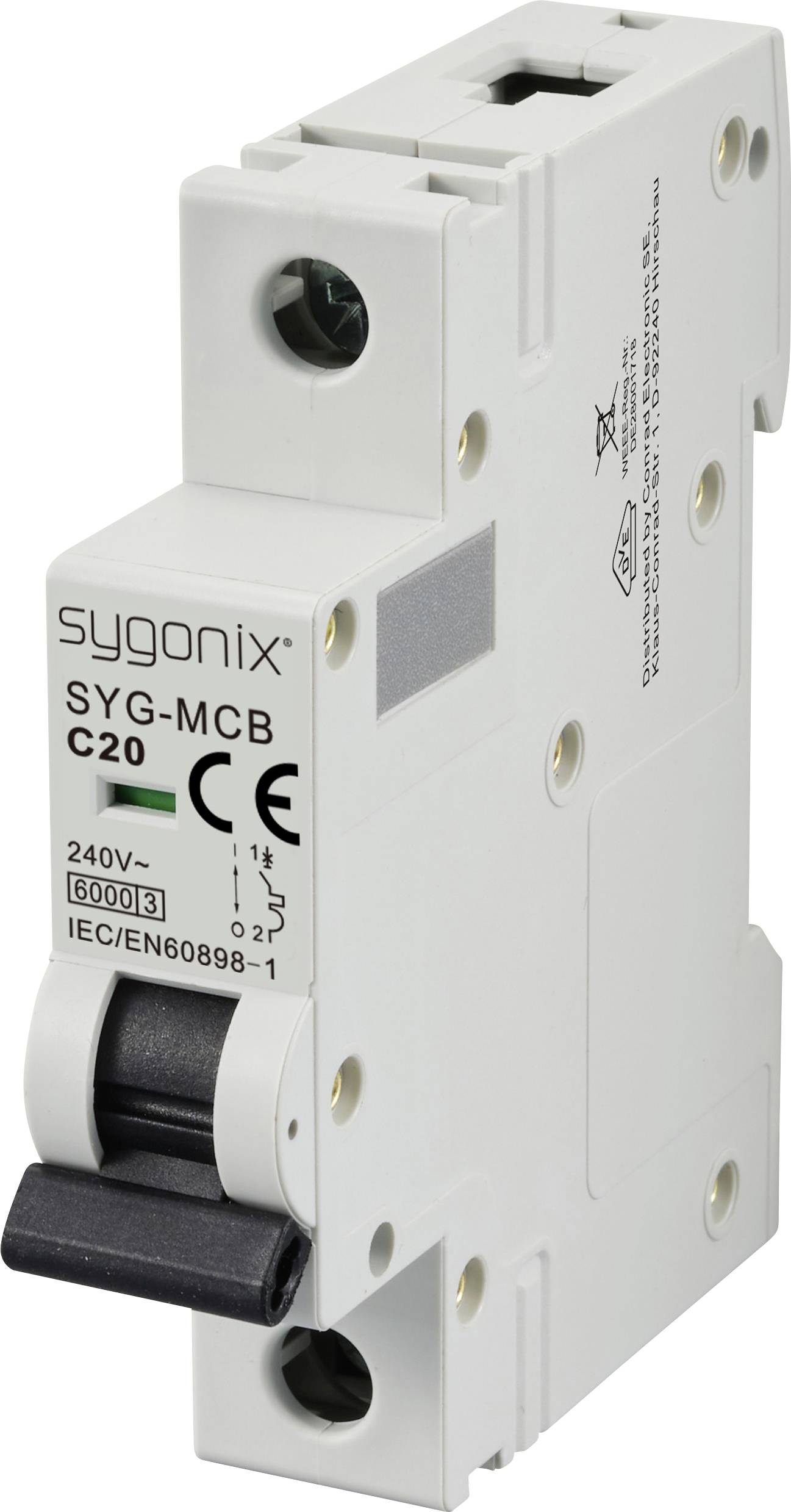 Einpoliger Leitungsschutzschalter von sygonix, Typ SYG-MCB C20, 240V~, 6000A, IEC/EN60898-1, mit schwarzem Kippschalter.