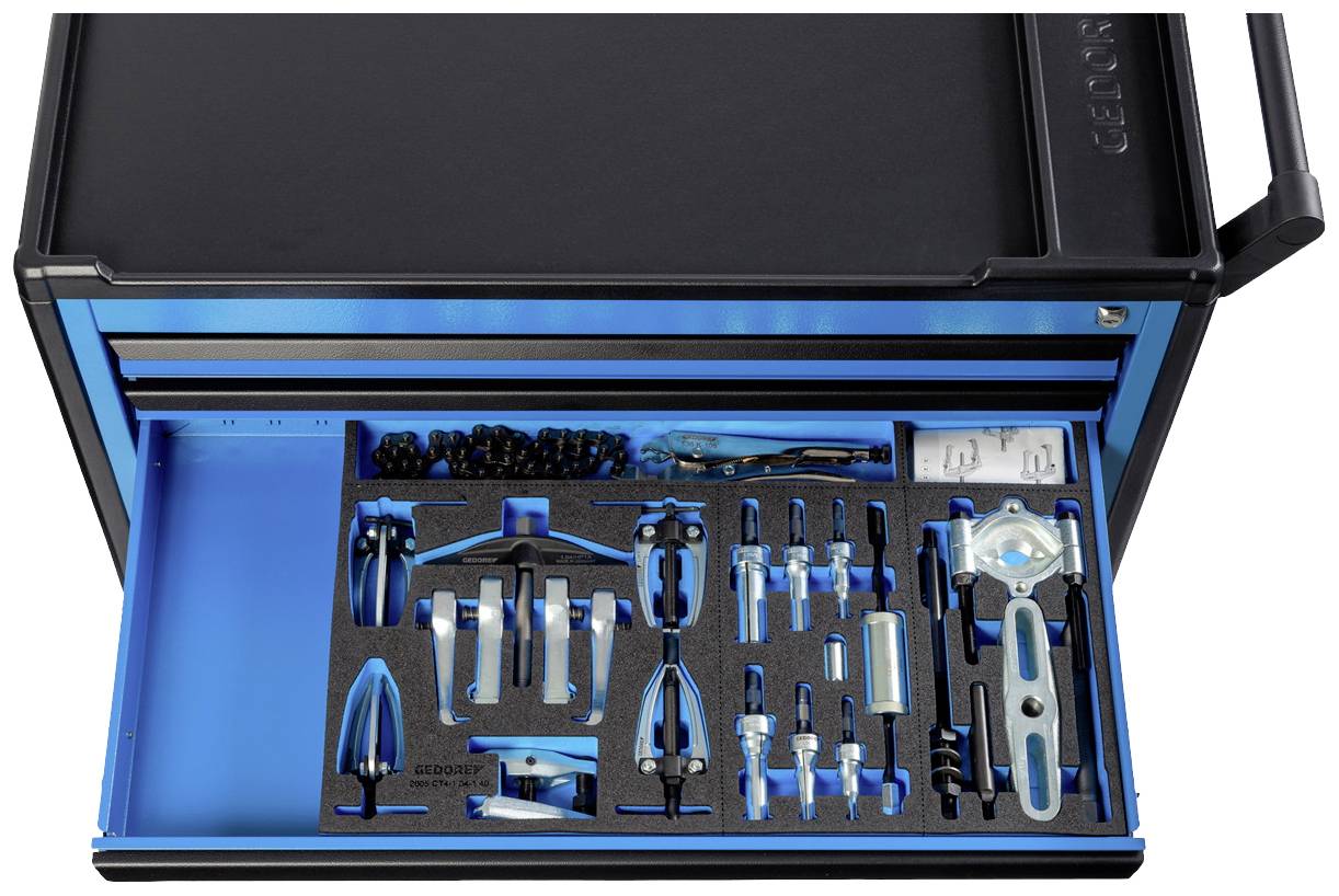 Geöffnete Schublade eines Werkzeugkastens mit verschiedenen präzisen Handwerkzeugen und Zubehör, geordnet auf Schaumstoffeinlagen.