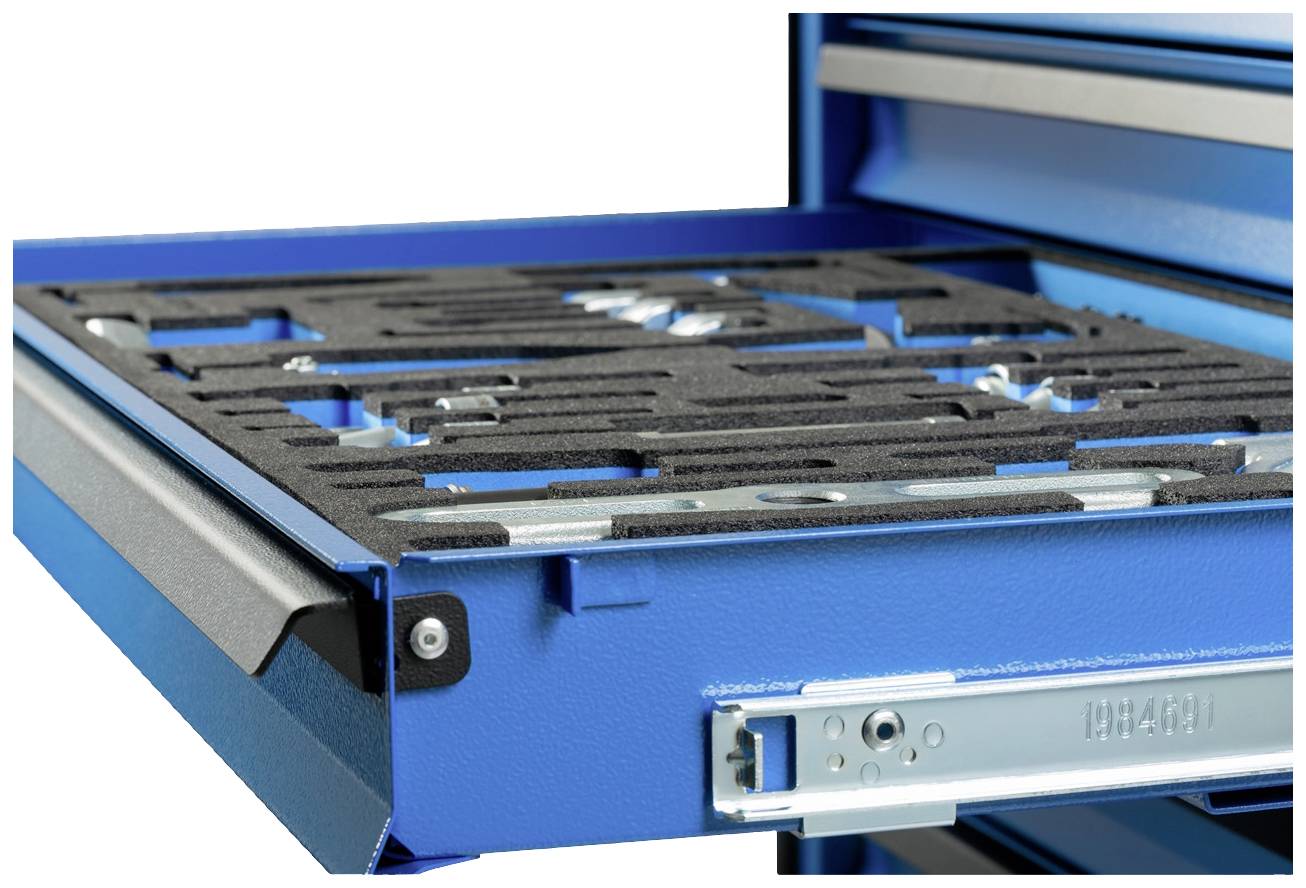 Eine geöffnete blaue Schublade mit Schaumstoffeinlage, die speziell ausgeschnittene Bereiche zur Aufbewahrung von Werkzeugen enthält.