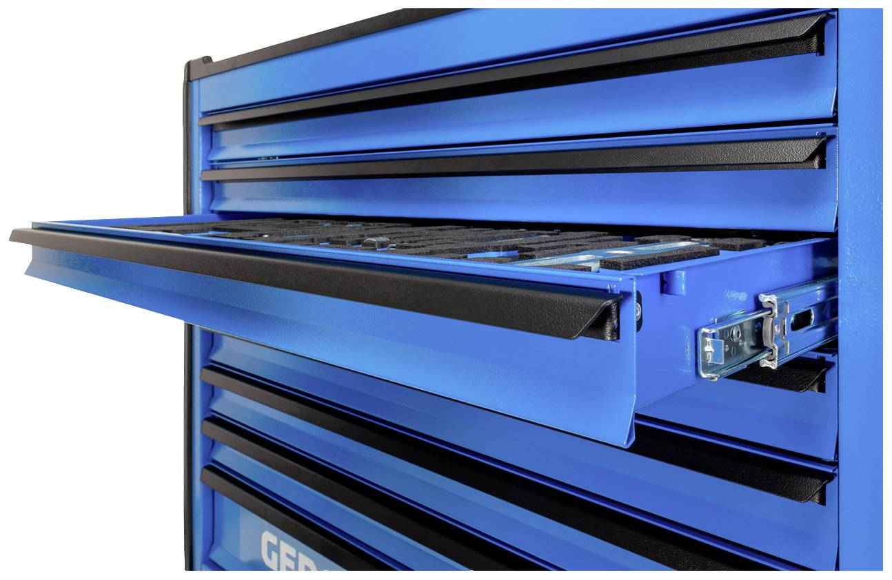 Ein blauer Werkzeugwagen mit mehreren Schubladen, eine teilweise geöffnet mit Werkzeugfächern.