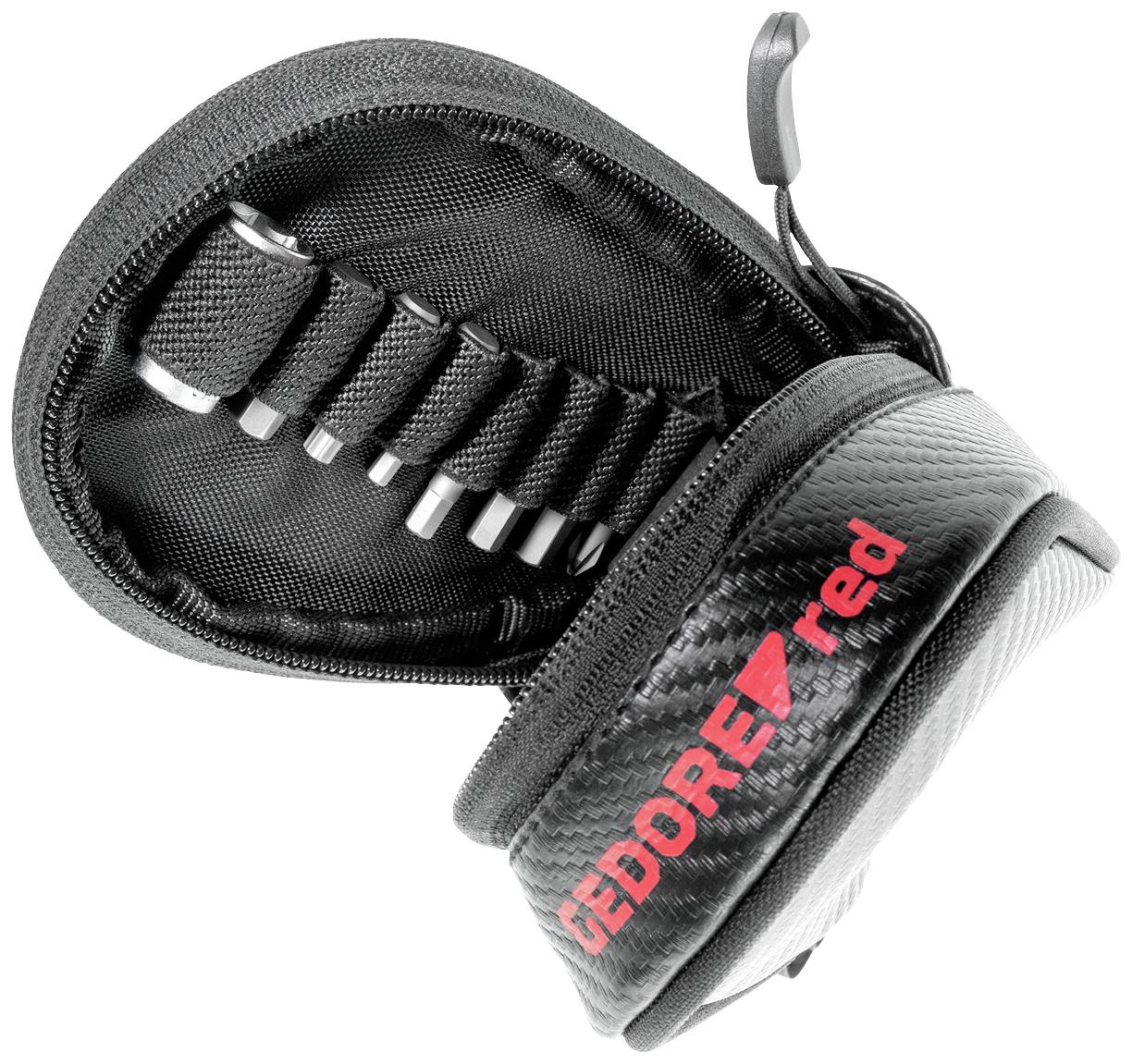 Kompaktes Gedore Red Werkzeugset mit mehreren Bits, organisiert in einer schwarzen, aufklappbaren Tasche, geeignet für handwerkliche Arbeiten.