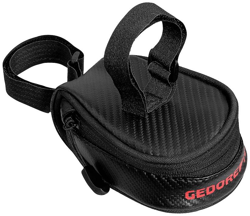 Schwarze Fahrrad-Satteltasche mit rotem Schriftzug 'GEOGREEN', Klettverschluss und Trageriemen. Geeignet zur Aufbewahrung kleiner Gegenstände.