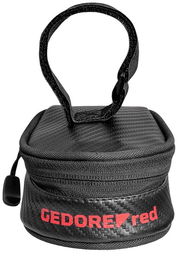 Eine schwarze, kastenförmige Tasche mit Reißverschluss und Schlaufe, darauf in Rot das Logo 'GEDORE red'.