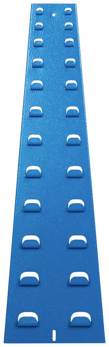 Ein blaues Metallträger mit gleichmäßig verteilten, rechteckigen Aussparungen entlang seiner Länge. Ideal für Regalaufbauten.