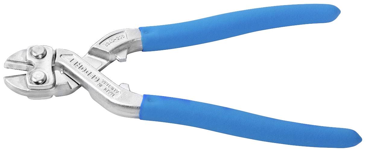 Eine silberne Drahtschere mit blauen Griffen, geeignet für das Schneiden von Kupfer- und Stahldrähten.