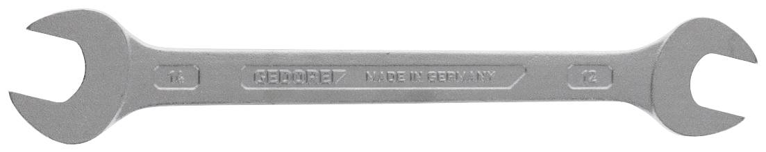 Ein doppelseitiger Schraubenschlüssel mit der Aufschrift 'GEDORE' und 'Made in Germany'. Links und rechts offene Maulenden.
