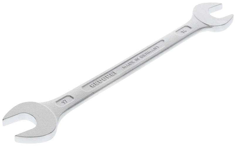 Ein silberner Gabelschlüssel mit zwei offenen Enden, markiert mit den Größen '11' und '13'.