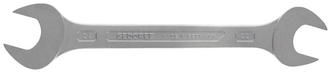 Ein silberner Gabelschlüssel mit zwei Enden. Beide Enden sind unterschiedlich groß und zum Festziehen von Schrauben oder Muttern gedacht.