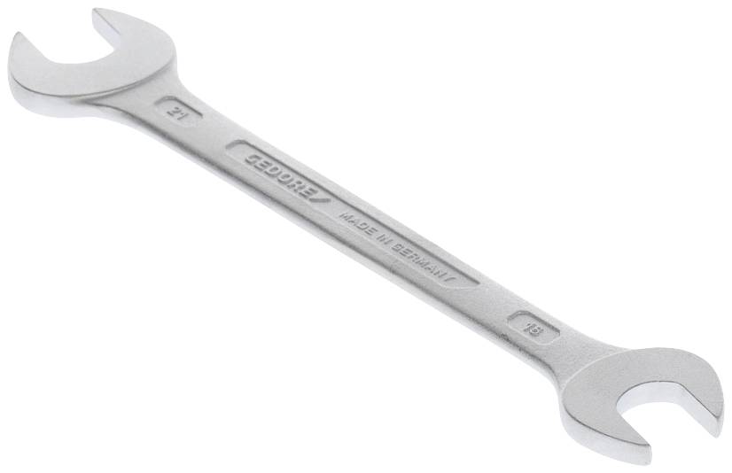 Ein silberner Doppelmaulschlüssel mit Aufschriften 'GEDORE', 'MALLEABLE', '8', '10', '11', und '13', auf weißem Hintergrund.