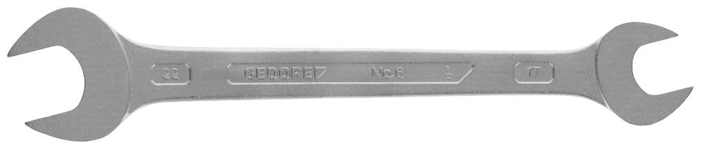 Ein verzinkter Doppelschlüssel mit offenen Maulenden. Links '22 mm', rechts '24 mm'. Aufschrift in der Mitte 'GEDORE 7'. Geeignet zum Lösen von Schrauben.