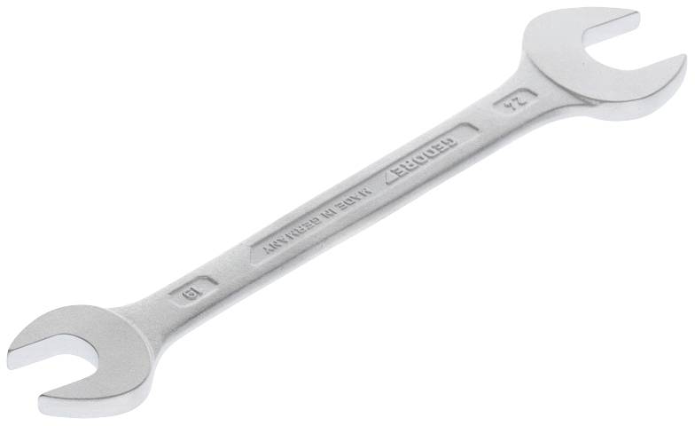 Ein silberner Doppelmaulschlüssel der Marke 'Stahlwille', mit den Größen 19 mm und 22 mm an den Enden, liegt auf weißem Hintergrund.