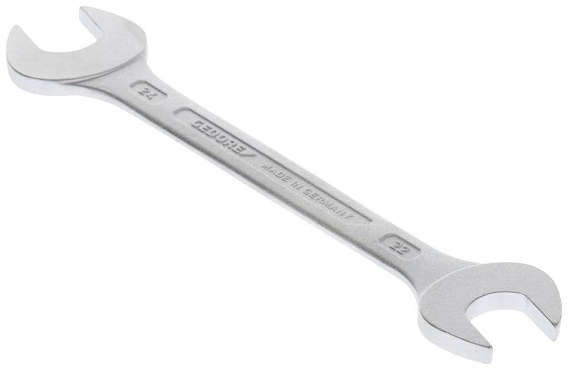 Ein silberner Maulschlüssel mit der Aufschrift 'GEDORE, Made in Germany', Größen 22 und 24, geeignet zum Lösen oder Festziehen von Muttern.