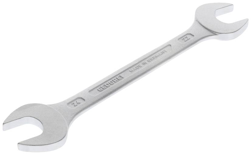 Ein silberner Doppelmaulschlüssel mit den Größen 22 mm und 24 mm, gefertigt in Deutschland, liegt schräg auf weißem Hintergrund.