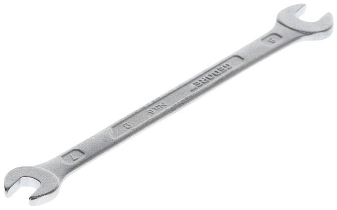 Ein silberner Maulschlüssel mit zwei verschiedenen Größen an den Enden, auf weißem Hintergrund. Geeignet für Schraubarbeiten.