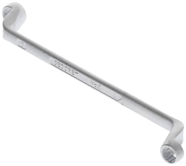 Silberner Schraubenschlüssel mit gebogenen Griffenden, geeignet für spezialisierte Montagearbeiten.