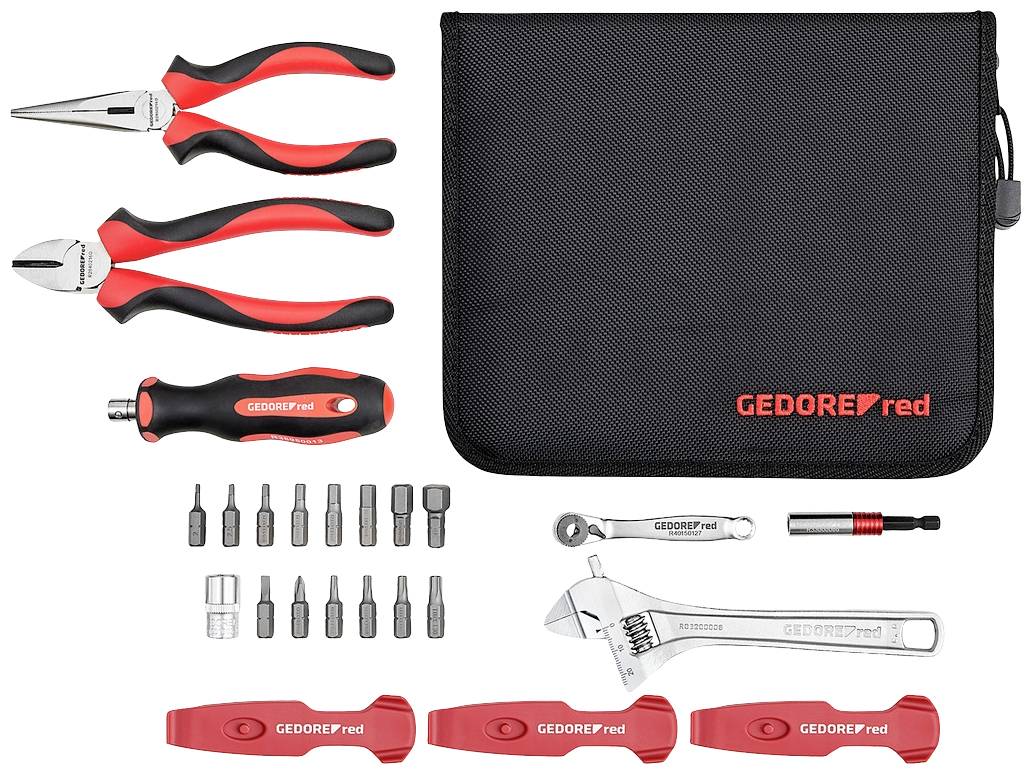 Werkzeug-Set mit Zange, Schraubendreher, Steckschlüsseln und verstellbarem Schraubenschlüssel. Schwarze Tasche mit 'GEDORE red' Logo.