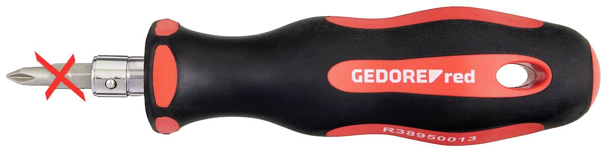 Schwarzer Schraubendrehergriff mit roten Akzenten, die Marke 'GEDORE red' ist abgedruckt. Links rotes X; kein Bit enthalten.