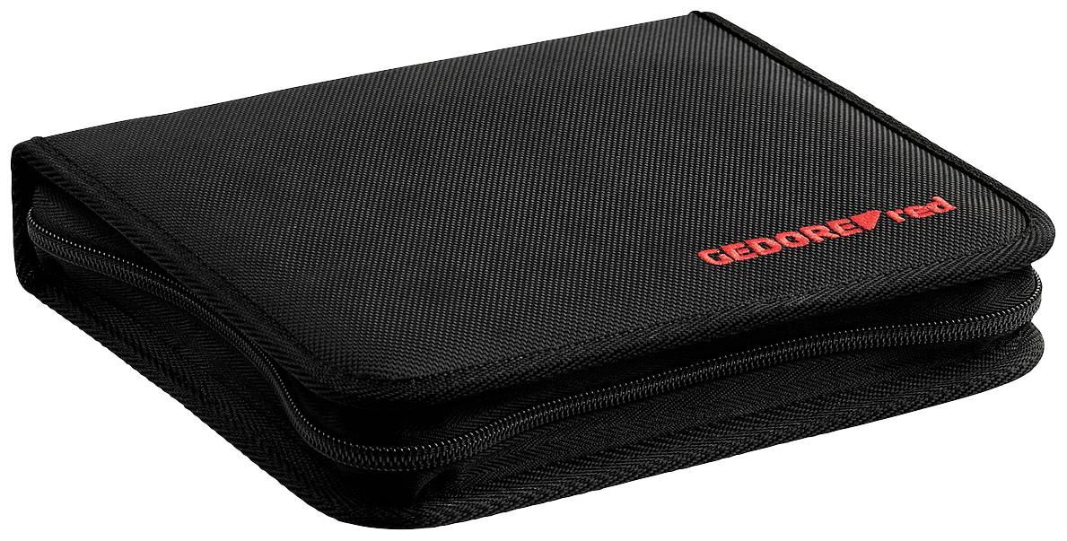Schwarze, geschlossene Stofftasche mit Reißverschluss und rotem Logoaufdruck 'GEDORE red'.