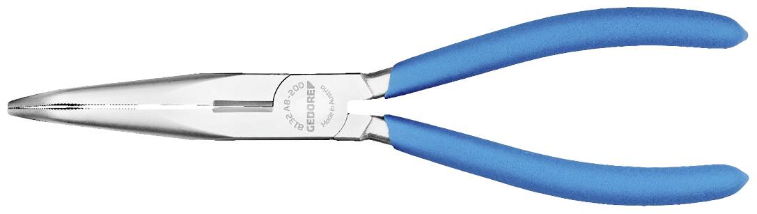 Langbeckzange mit blauen Griffen. Geeignet für Greif- und Schneidarbeiten, häufig für Elektro- und Feinmechanikarbeiten verwendet.