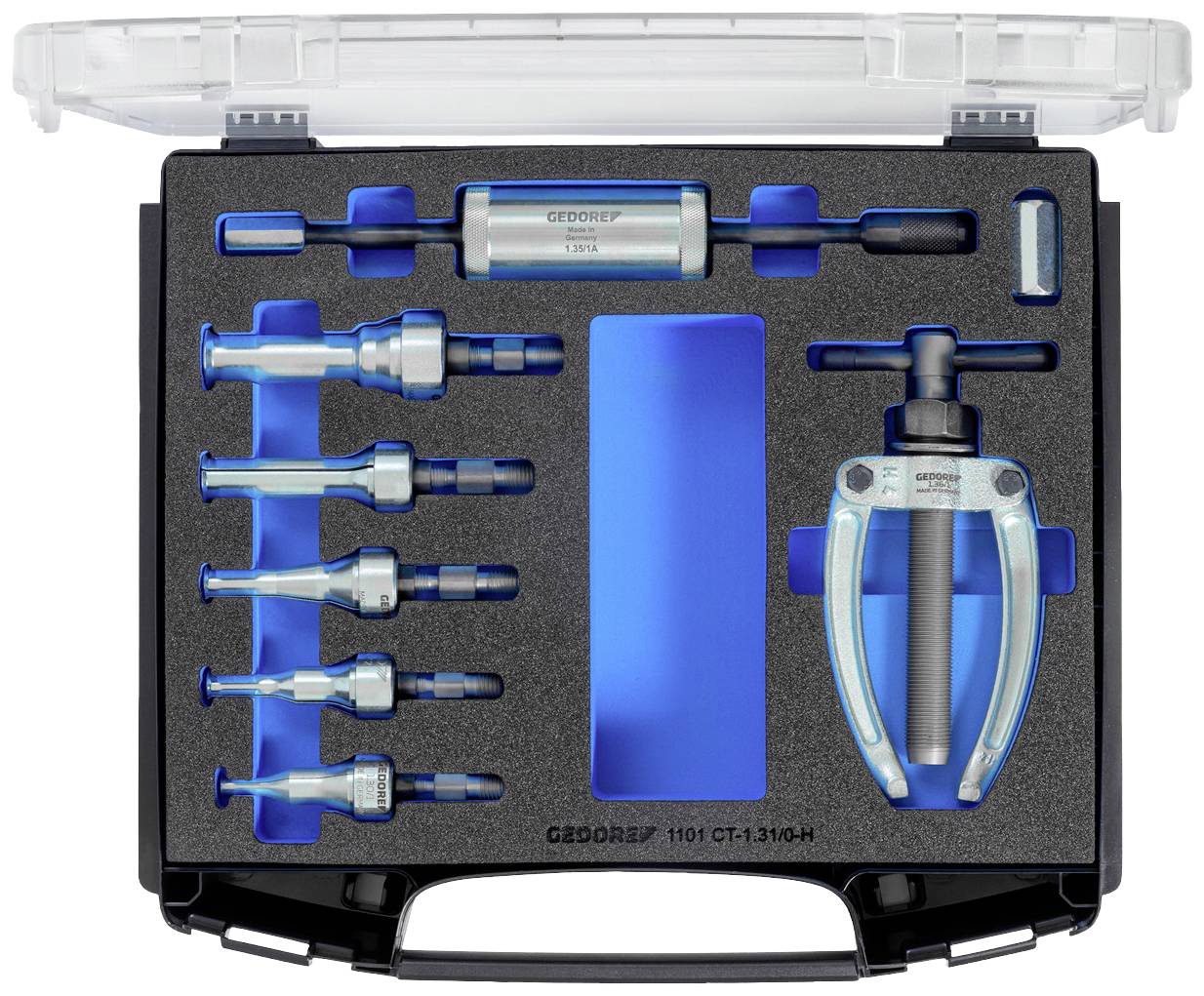 Ein Werkzeugsatz in einem schwarzen Koffer mit blauer Inneneinlage. Enthält diverse Werkzeuge und Aufsätze, darunter ein Abzieher.