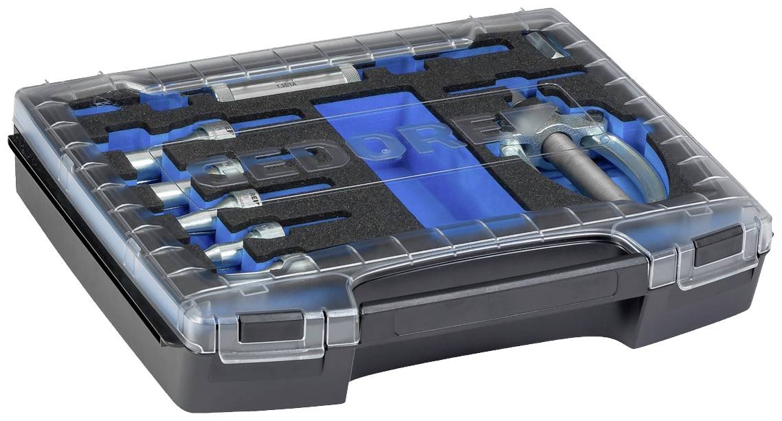 Ein Werkzeugkoffer mit mehreren Steckschlüsseln und Zubehör, in blauer Schaumstoffeinlage organisiert, mit transparentem Deckel.