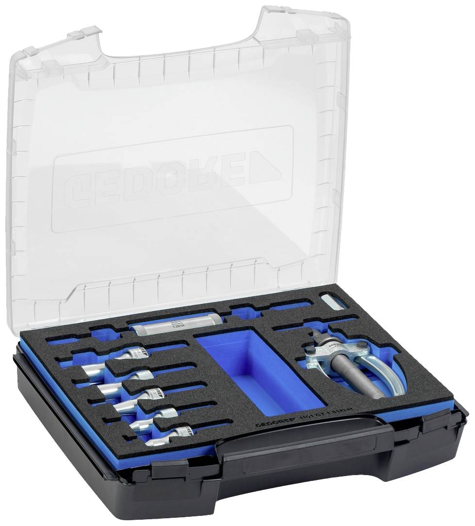 Werkzeugkasten mit geöffnetem Deckel. Enthält Schraubenschlüssel in Schaumstoffeinsätzen. Case mit transparentem Deckel.