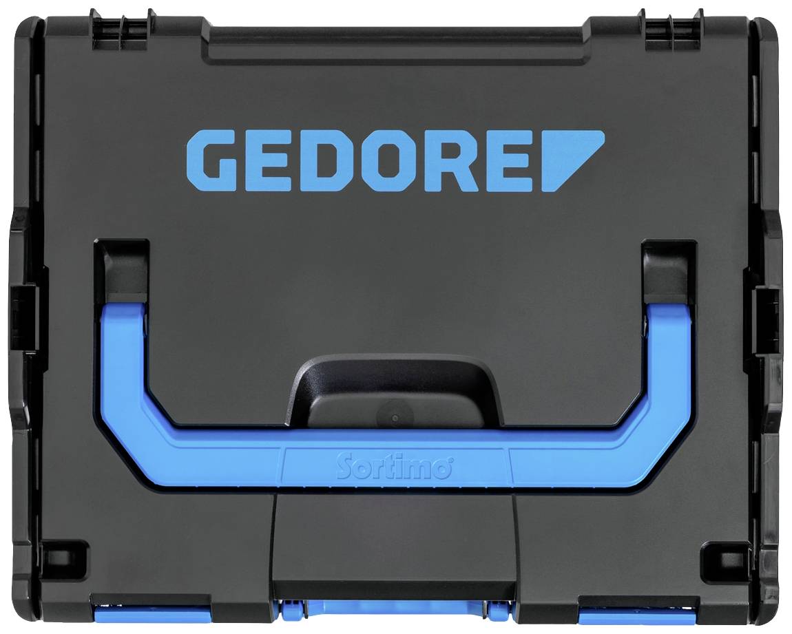 Schwarzer Koffer mit blauem Griff und der Aufschrift 'GEDORE' in blauer Schrift auf der Vorderseite.