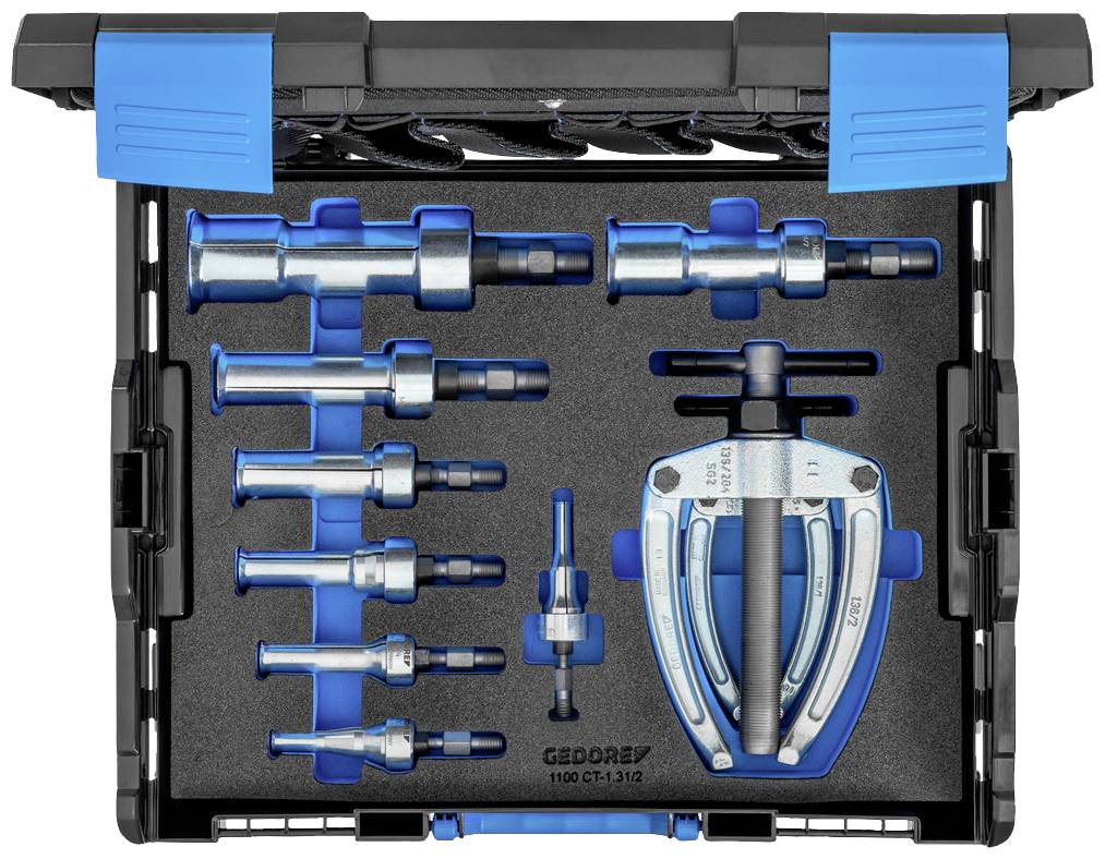 Satz von Metallwerkzeugen in blauer Schaumstoffeinlage, darunter Abzieher mit verschiedenen Aufsätzen, in einem schwarzen und blauen Koffer.