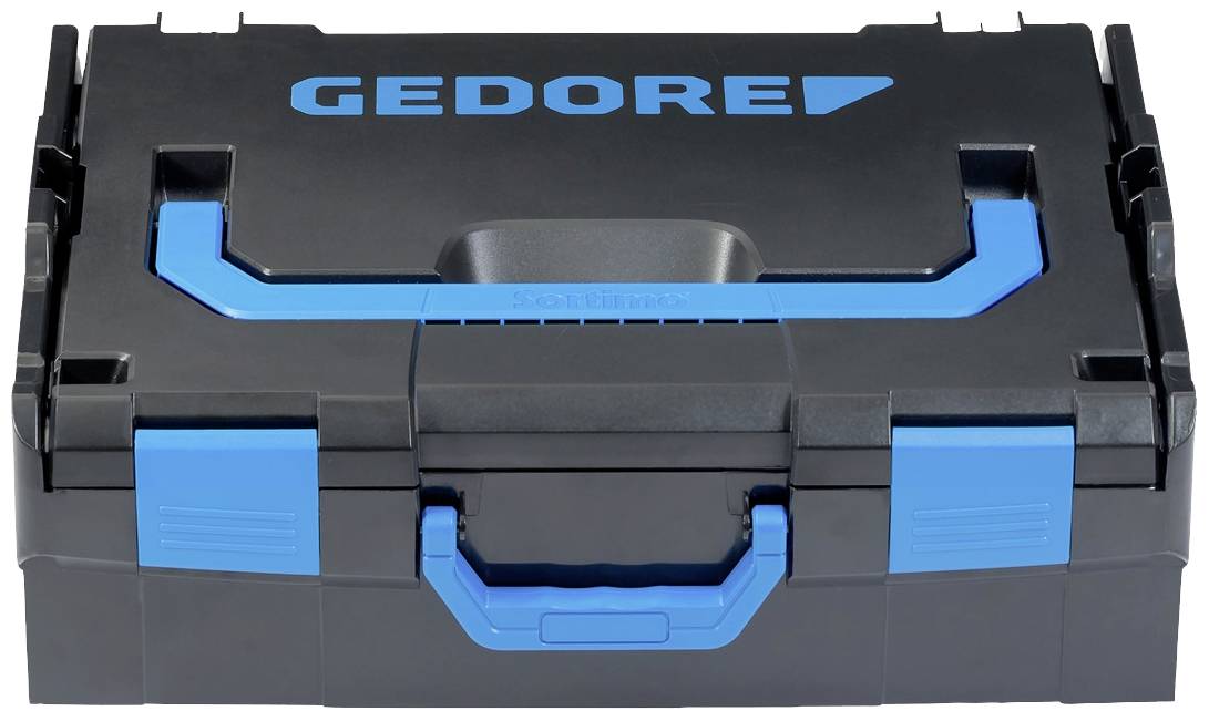 Eine schwarze Werkzeugkiste mit blauen Griffen und dem Aufdruck 'GEDORE' auf dem Deckel.