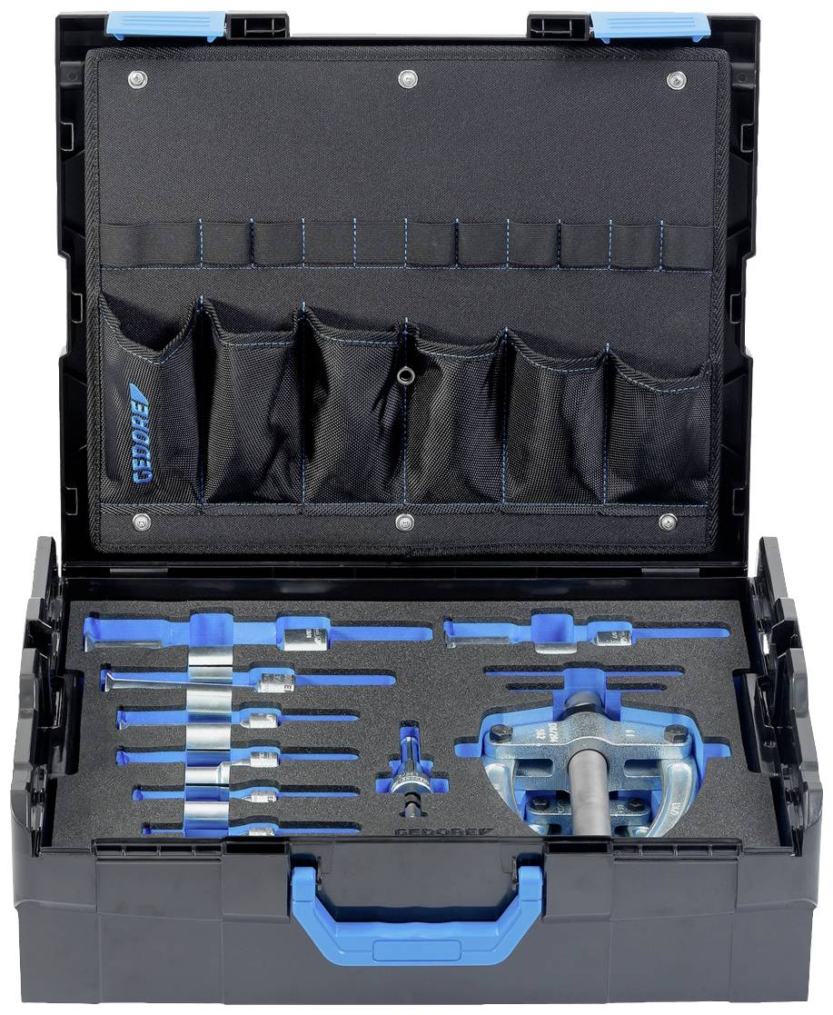 Werkzeugkoffer mit diversen Handwerkzeugen und Einsätzen, ordnungsgemäß in Fächern und Schlaufen verstaut.