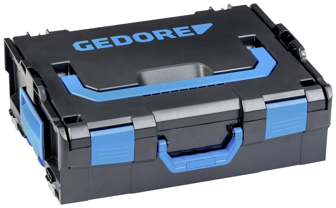Schwarzer Werkzeugkoffer mit blauen Elementen und dem Aufdruck 'GEDORE'. Robustes Design für den Transport von Werkzeugen.