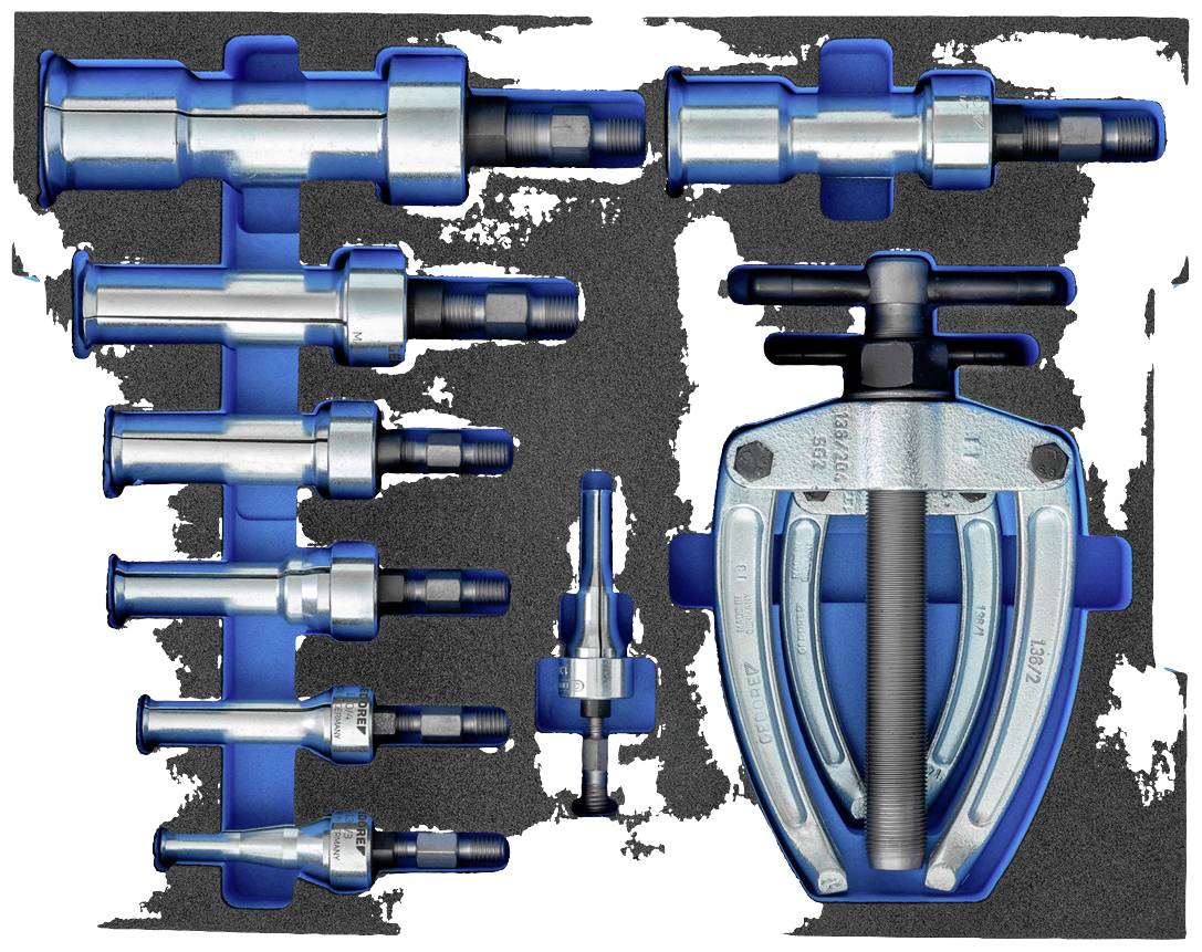 Satz von Abziehern in einer Schaumstoffeinlage, bestehend aus verschiedenen Größen und Formen, mit einem dreizackigen Abzieher rechts.