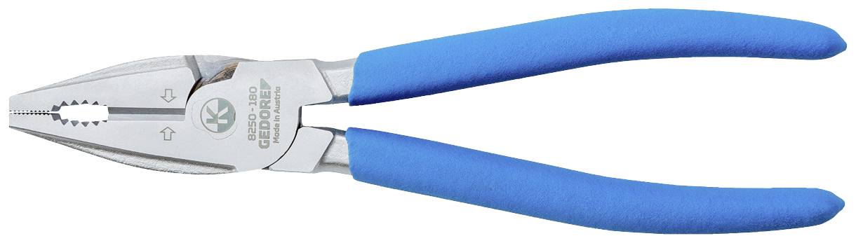 Blau Griff Kombizange mit silbernem Kopf, Markenlogo und Zacken für vielseitiges Greifen und Schneiden von Materialien.