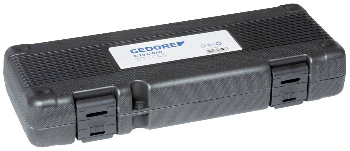 Schwarzer Werkzeugkoffer mit Gedore-Logo auf dem Etikett. Schlankes, rechteckiges Design mit zwei Verschlüssen an der Vorderseite.