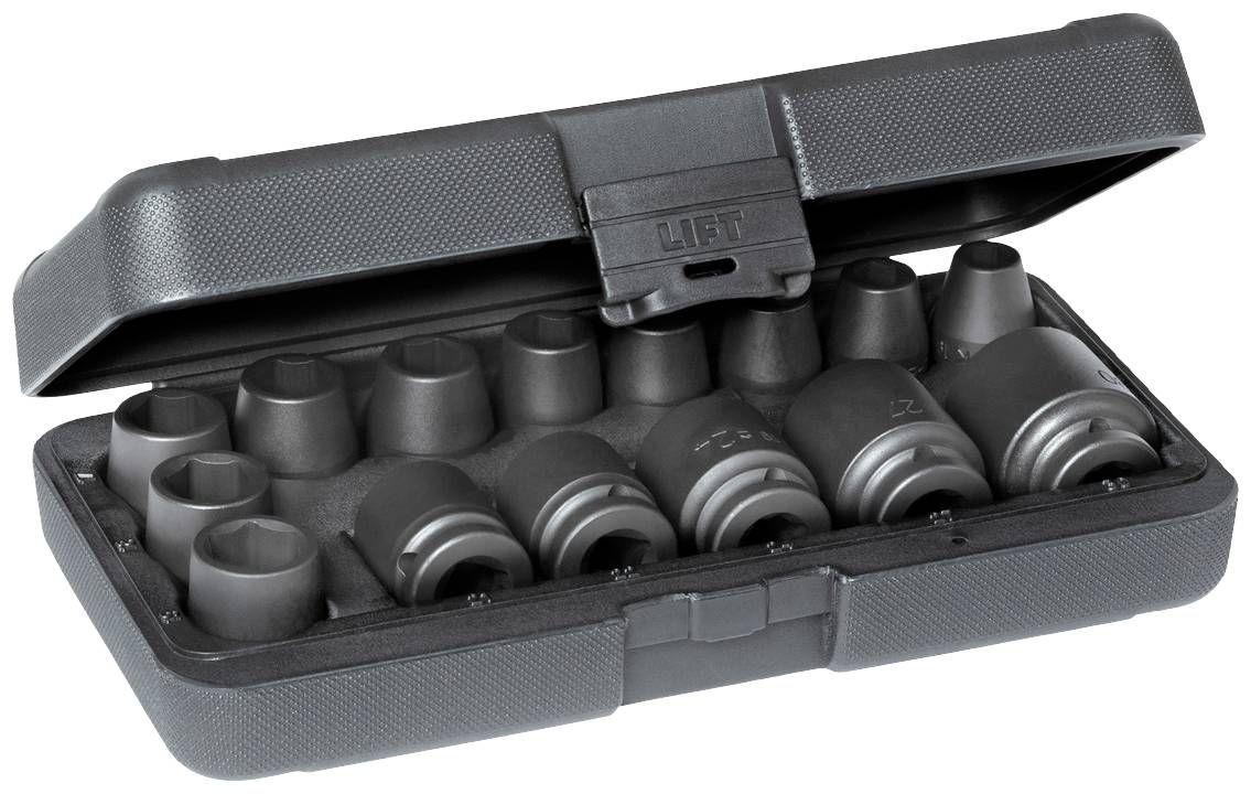 Ein offener Werkzeugkoffer mit mehreren schwarzen Stecknüssen in unterschiedlichen Größen. Die Nüsse sind ordnungsgemäß angeordnet.