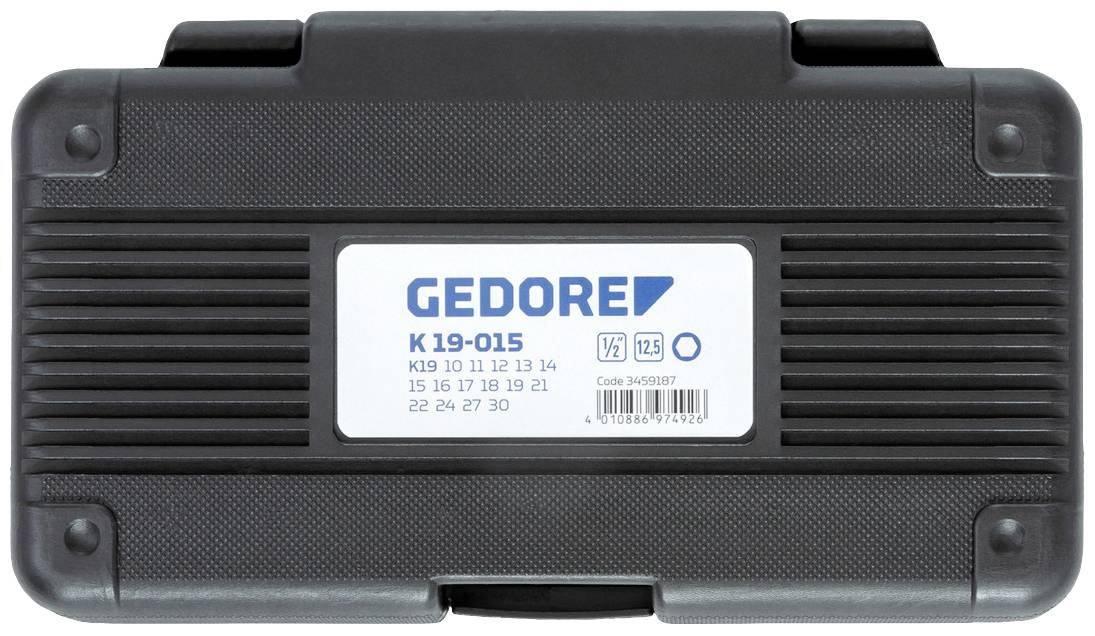 Ein schwarzer Werkzeugkoffer von Gedore, Modell K 19-015, mit einer Liste von Steckschlüsselgrößen und Produktcode auf der Vorderseite.