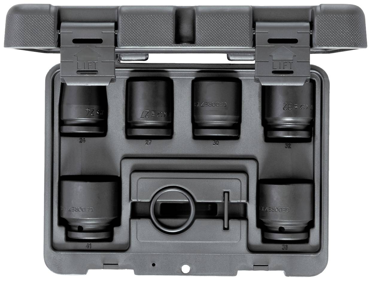 Werkzeugkoffer mit sechs Steckschlüsselaufsätzen unterschiedlicher Größe und einem Griff, offen gezeigt.