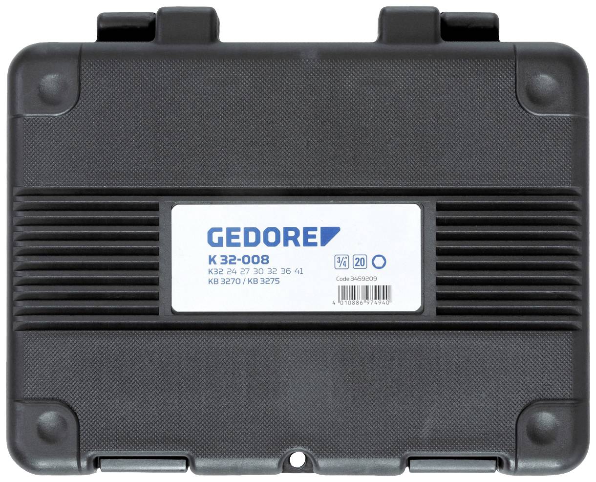 Schwarzer Kunststoffkoffer mit blauem 'GEDORE' Logo und Modellnummer K 32-008 auf einem weißen Etikett.