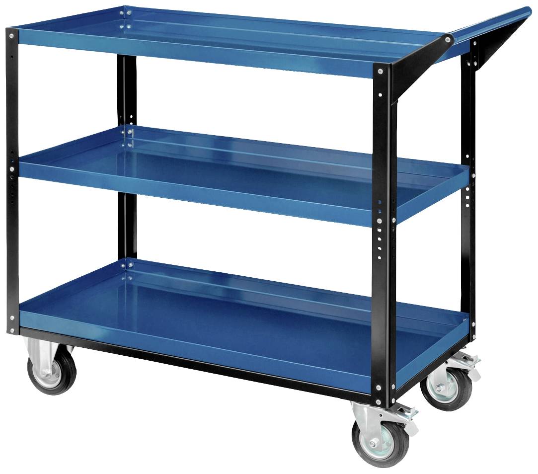 Blauer Transportwagen mit drei Regalböden und vier Rollen, geeignet für den Einsatz in Industrie- oder Lagerumgebungen.