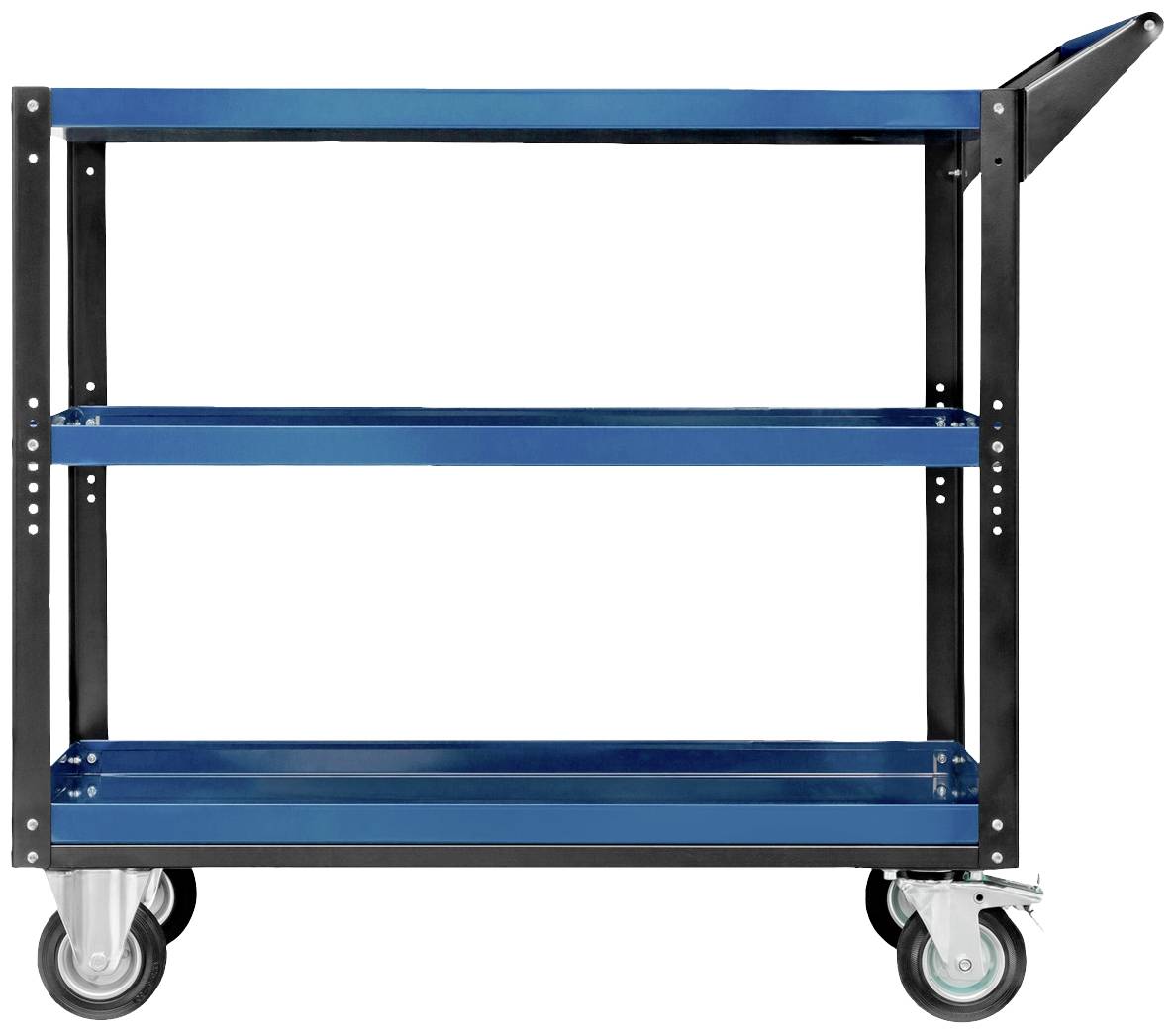 Ein blauer Rollwagen mit drei Ablageflächen und Griff, ideal für den Transport von Werkzeugen oder Materialien in Werkstätten.
