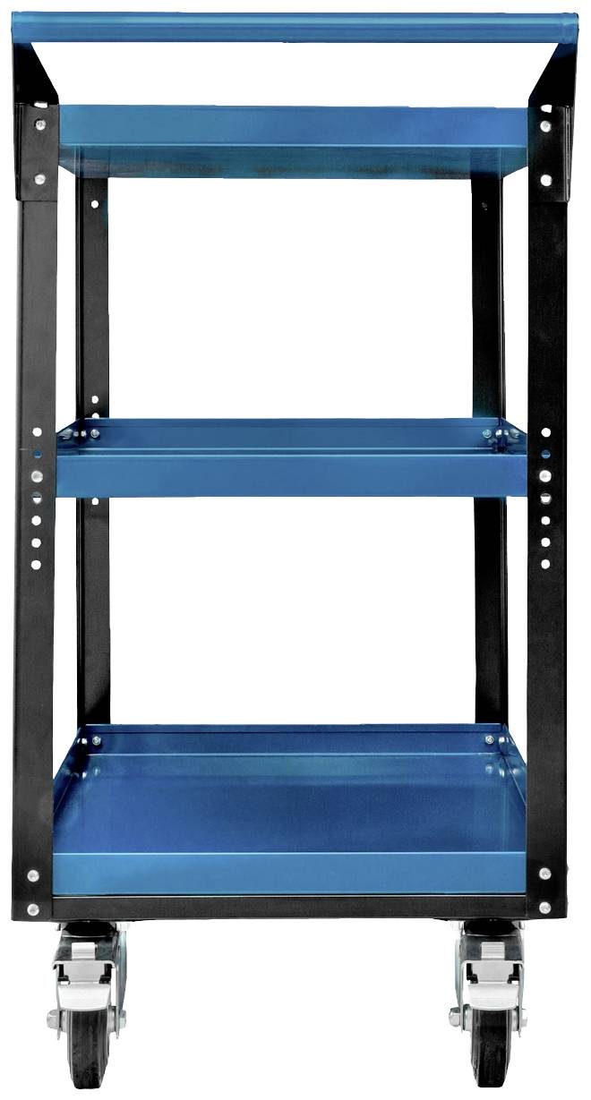 Ein blauer, dreistöckiger Werkzeugwagen mit schwarzen Rahmen und vier Rädern.