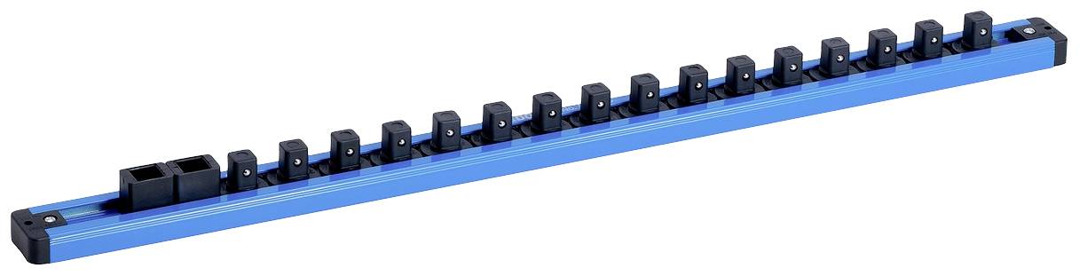 Blaue Leiste mit mehreren schwarzen Steckdosen, geeignet zur Stromverteilung.