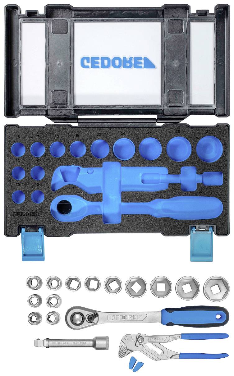 Ein offener Werkzeugsatz mit blauen Griffen, bestehend aus Steckschlüsseln, Ratsche und Zange. Werkzeuge sind in einer Schaumstoffeinlage organisiert.