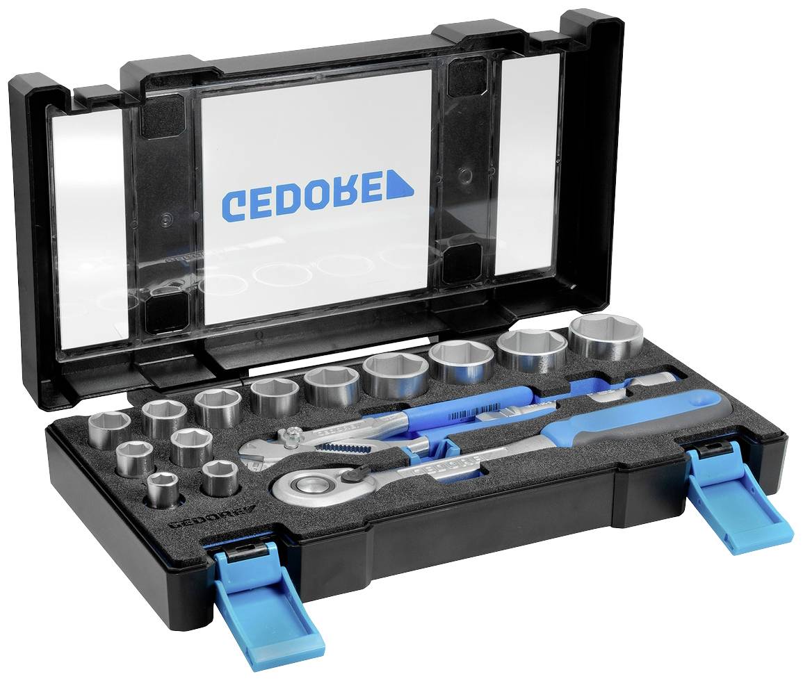 Ein Satz hochwertiger Steckschlüssel in einem schwarzen Koffer mit Markenlogo. Enthält Ratsche, Verlängerungen und verschiedene Nüsse.