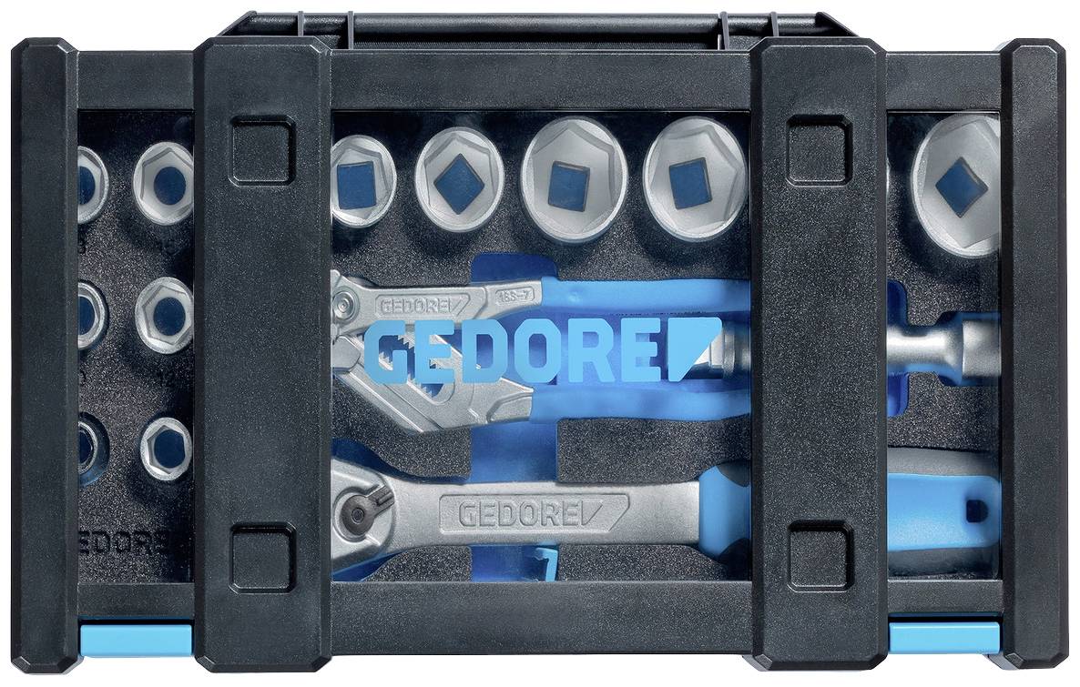 'Münze Steckschlüsselsatz' mit verschiedenen Stecknüssen und Werkzeugen, in schwarzem und blauem Kasten angeordnet.