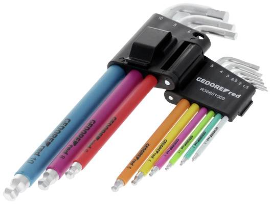 Ein Satz farbiger Winkelschlüssel in unterschiedlichen Größen, von 1,5 bis 10 mm, in einem Halter organisiert.