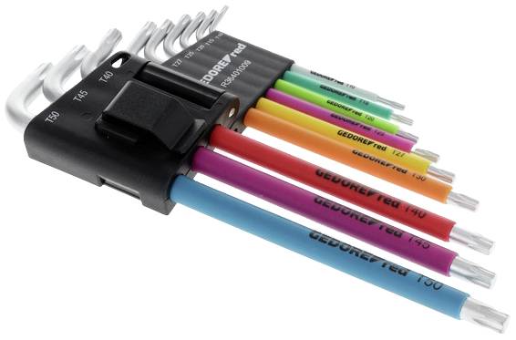 Ein Set bunter Sechskantschlüssel in verschiedenen Größen, aufgereiht in einem schwarzen Halter. Jede Farbe kennzeichnet eine Größe.