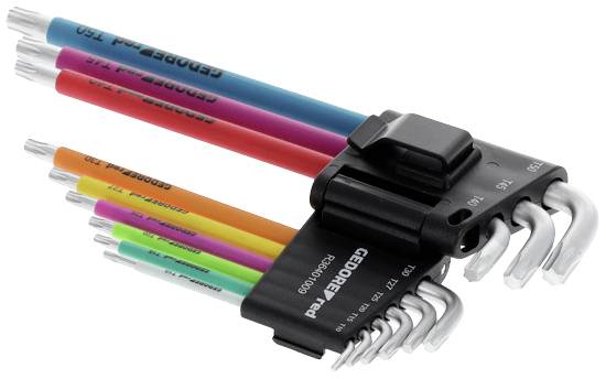 Ein Set von bunten, L-förmigen Inbusschlüsseln in einem schwarzen Halter. Jeder Schlüssel hat eine andere Farbe.